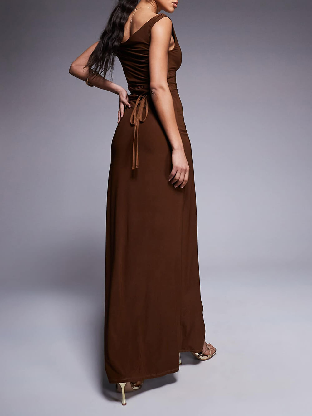 Elegant Off-Shoulder Twist Back Tie Maxi Dress
