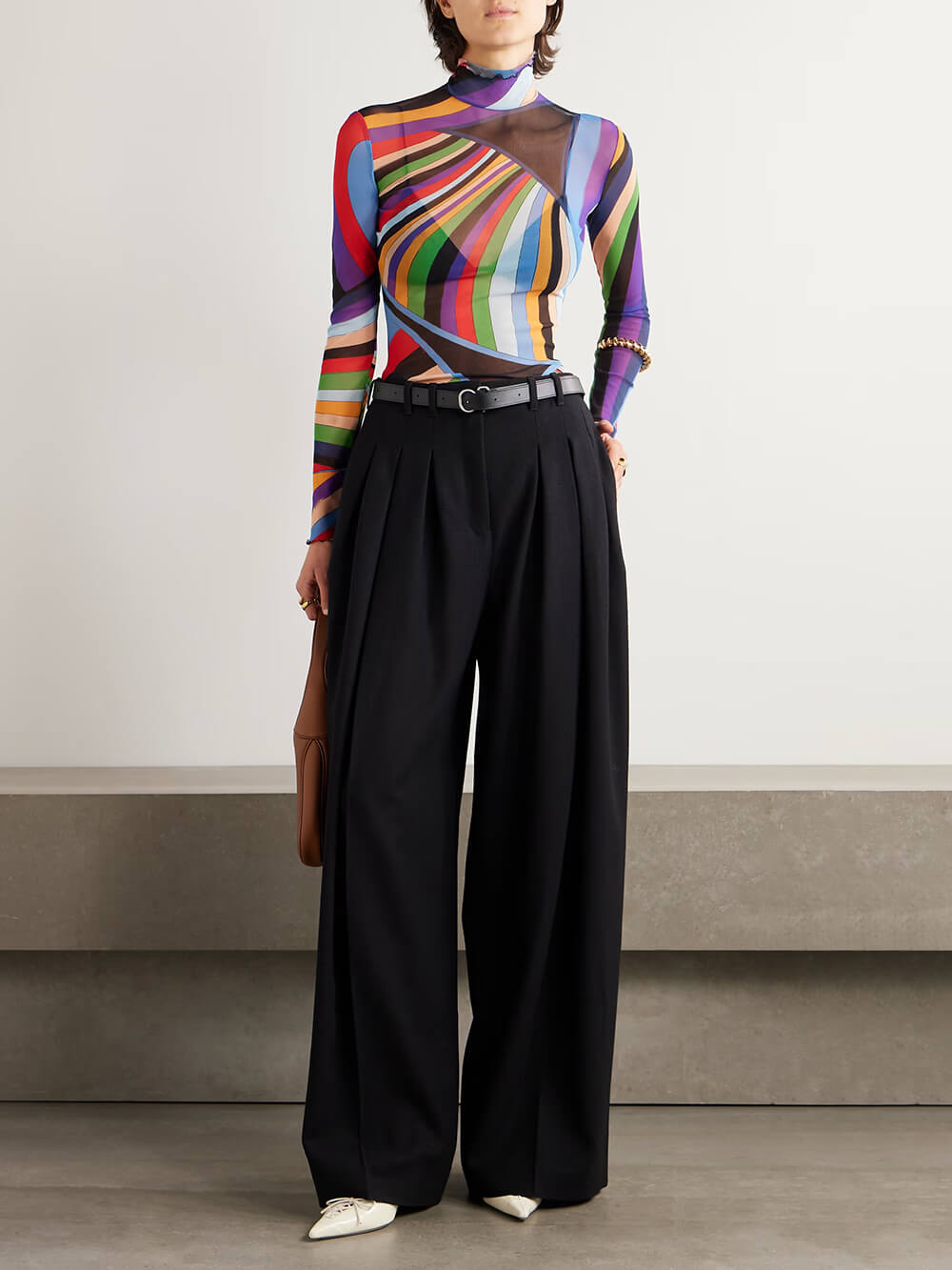 Retro Print Stretch Sheer Mesh Turtleneck Top