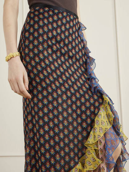 Delicate Ruffled Tiered Printed Chiffon Maxi Skirt