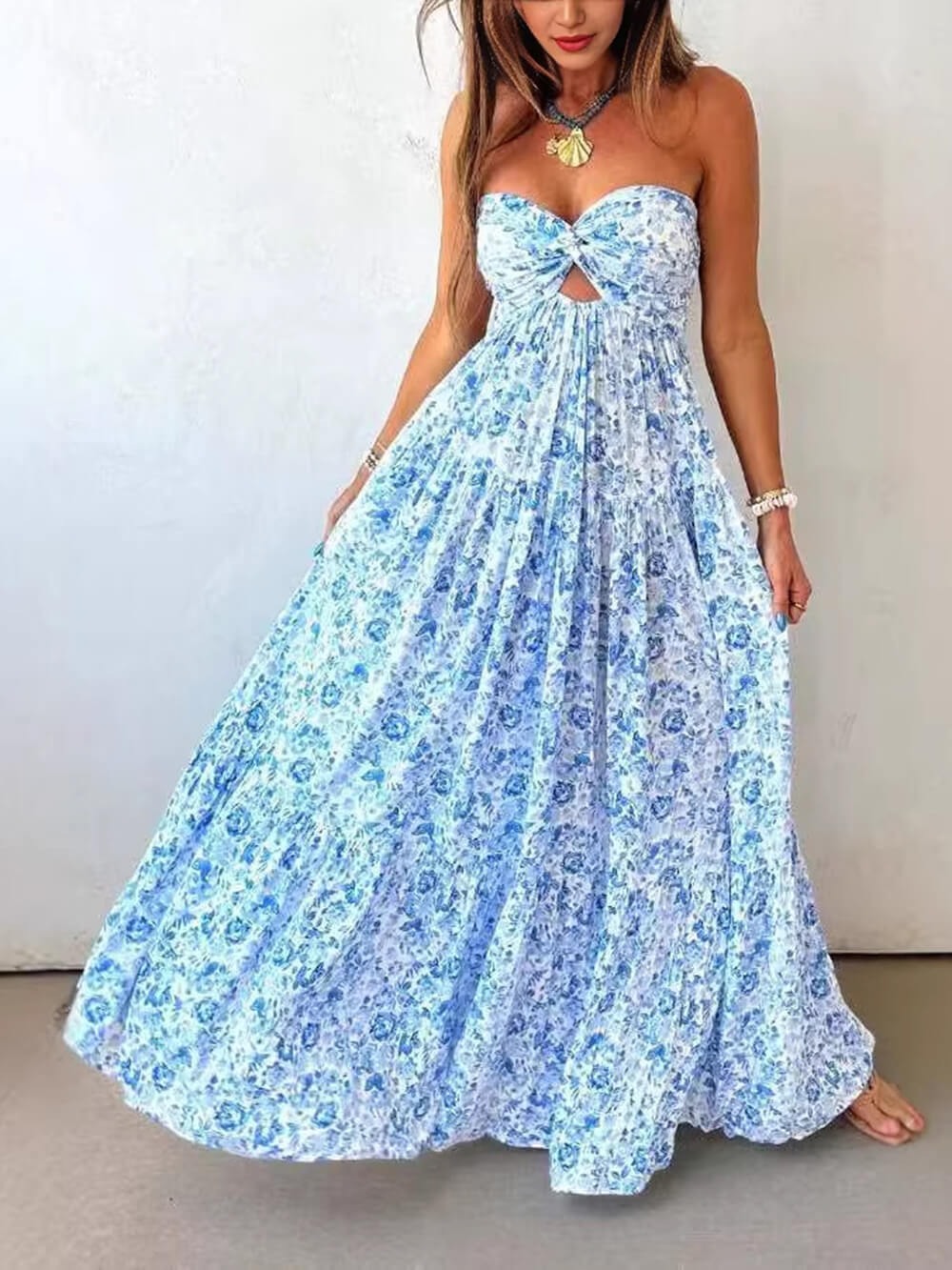 Bohemian Strapless Floral Twist Cutout Flowy Maxi Dress