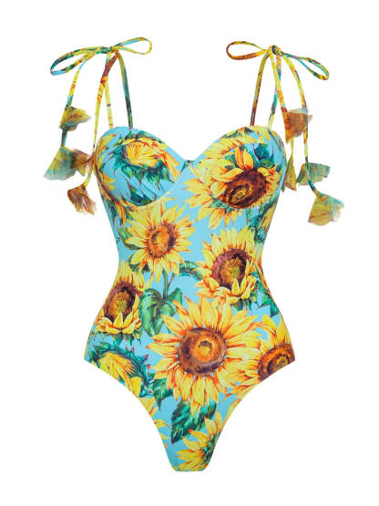 Sunflower Print Tie-Waist One-Piece Swimsuit Maxi Skirt Set