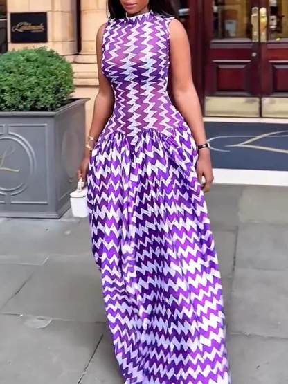 Unique Purple Zigzag Print Stretch Maxi Dress