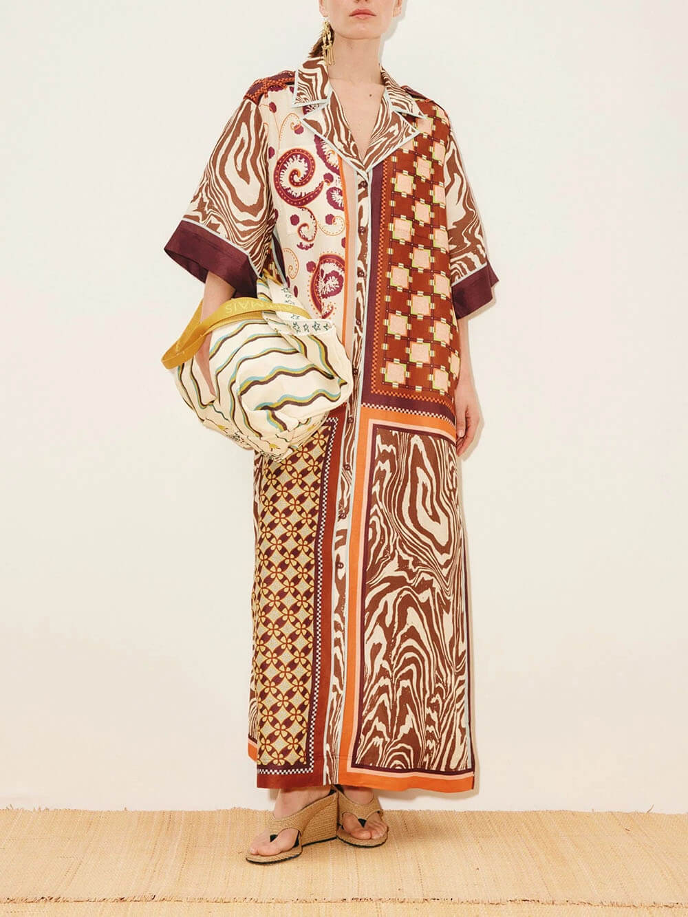 Unique Color-Block Print Side Pocket Loose Maxi Shirtdress