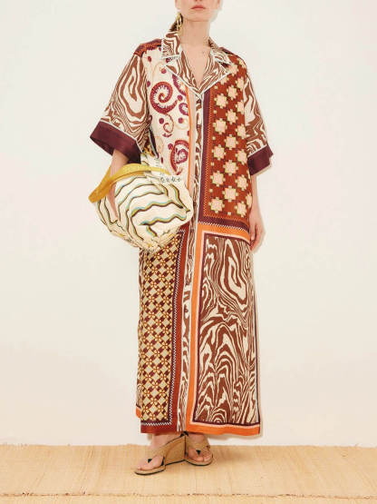 Unique Color-Block Print Side Pocket Loose Maxi Shirtdress
