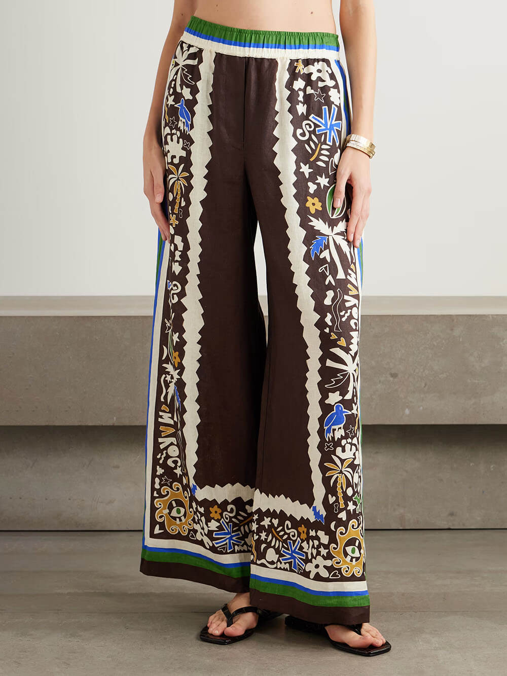 Unique Vintage Moroccan Print Linen Elastic Waist Pocket Wide-Leg Pants