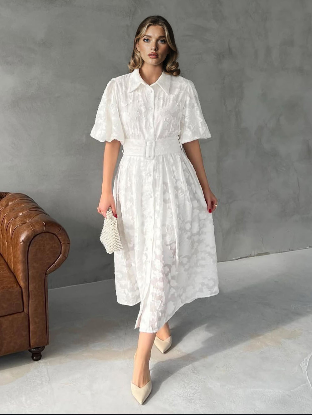 Elegant Textured Belted Shirt Midi Dress