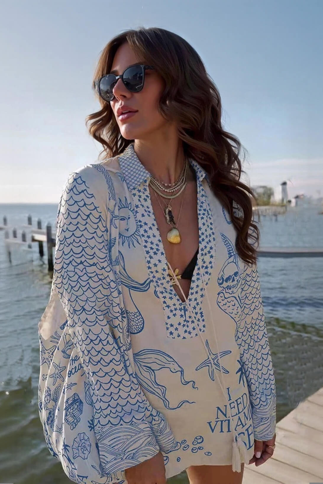 Unique Live By Water Satin Print Tassle Shirt and Elastic Waist Shorts Set