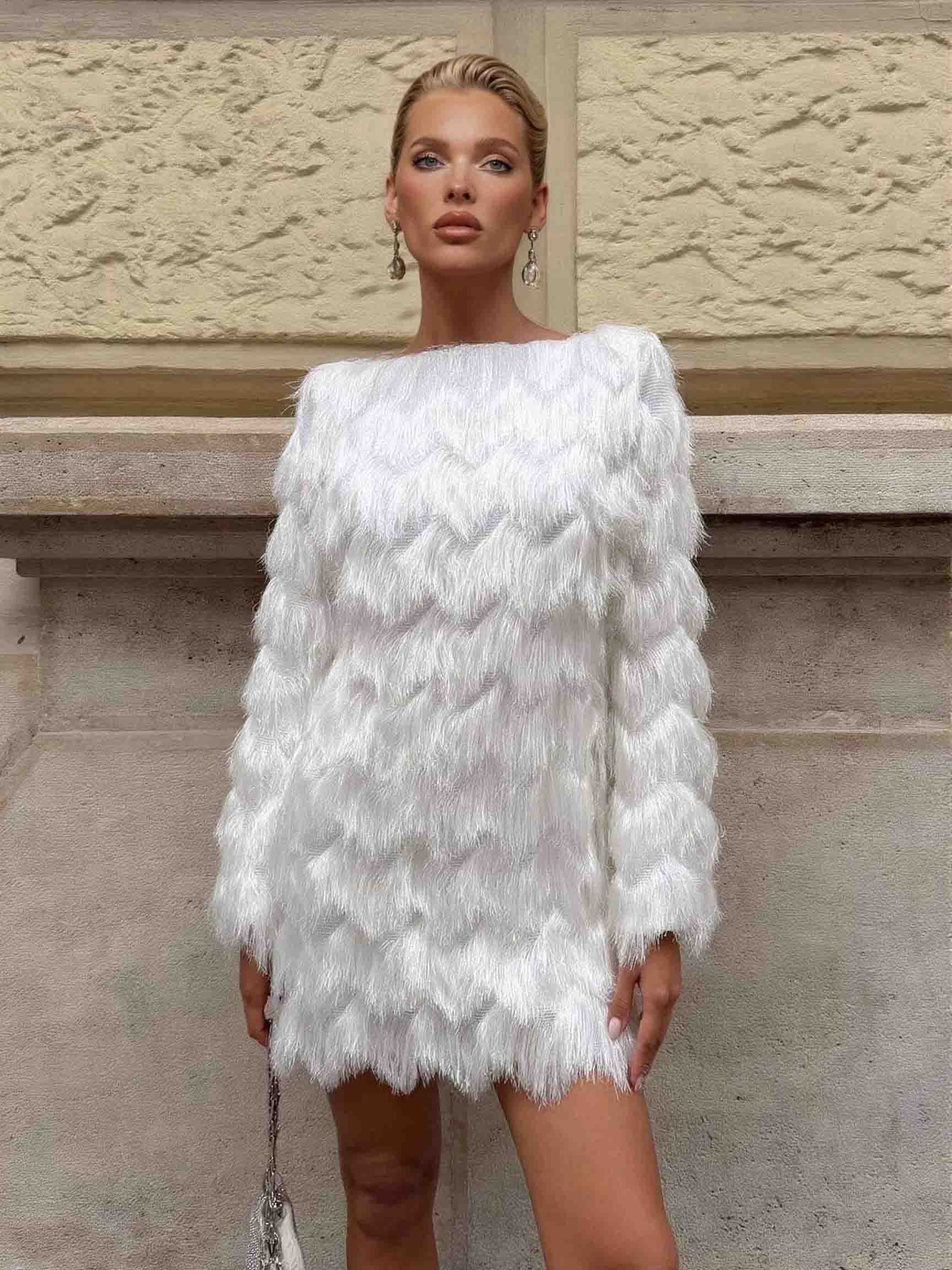 Elegant Textured Fringe Long-Sleeve Mini Dress