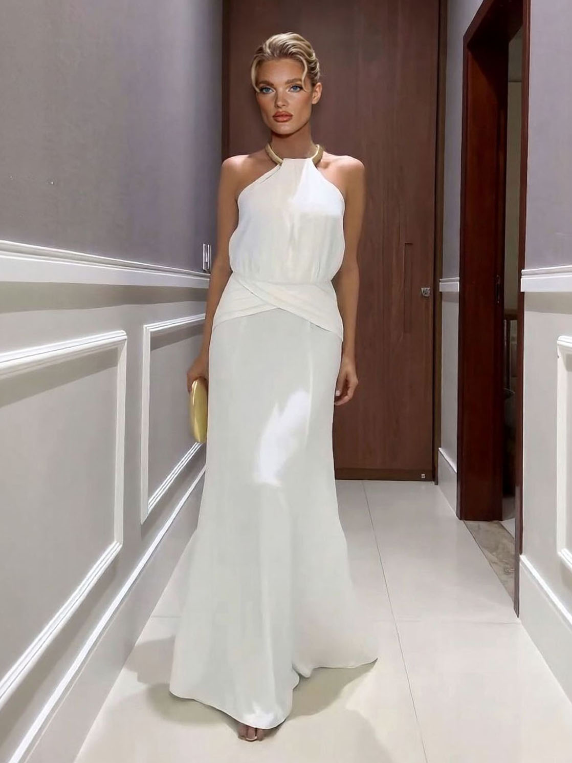 Elegant Halter-Neck Draped Maxi Dress