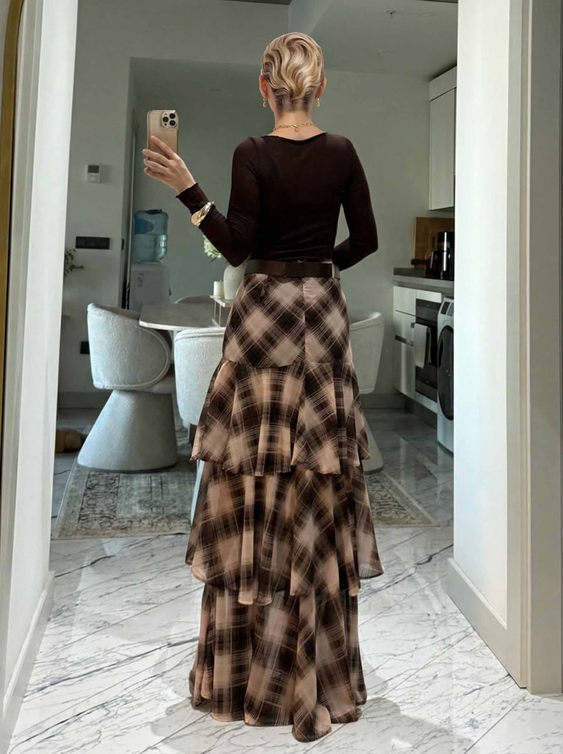 Retro Plaid Layered Ruffle Skirt Two-piece Set