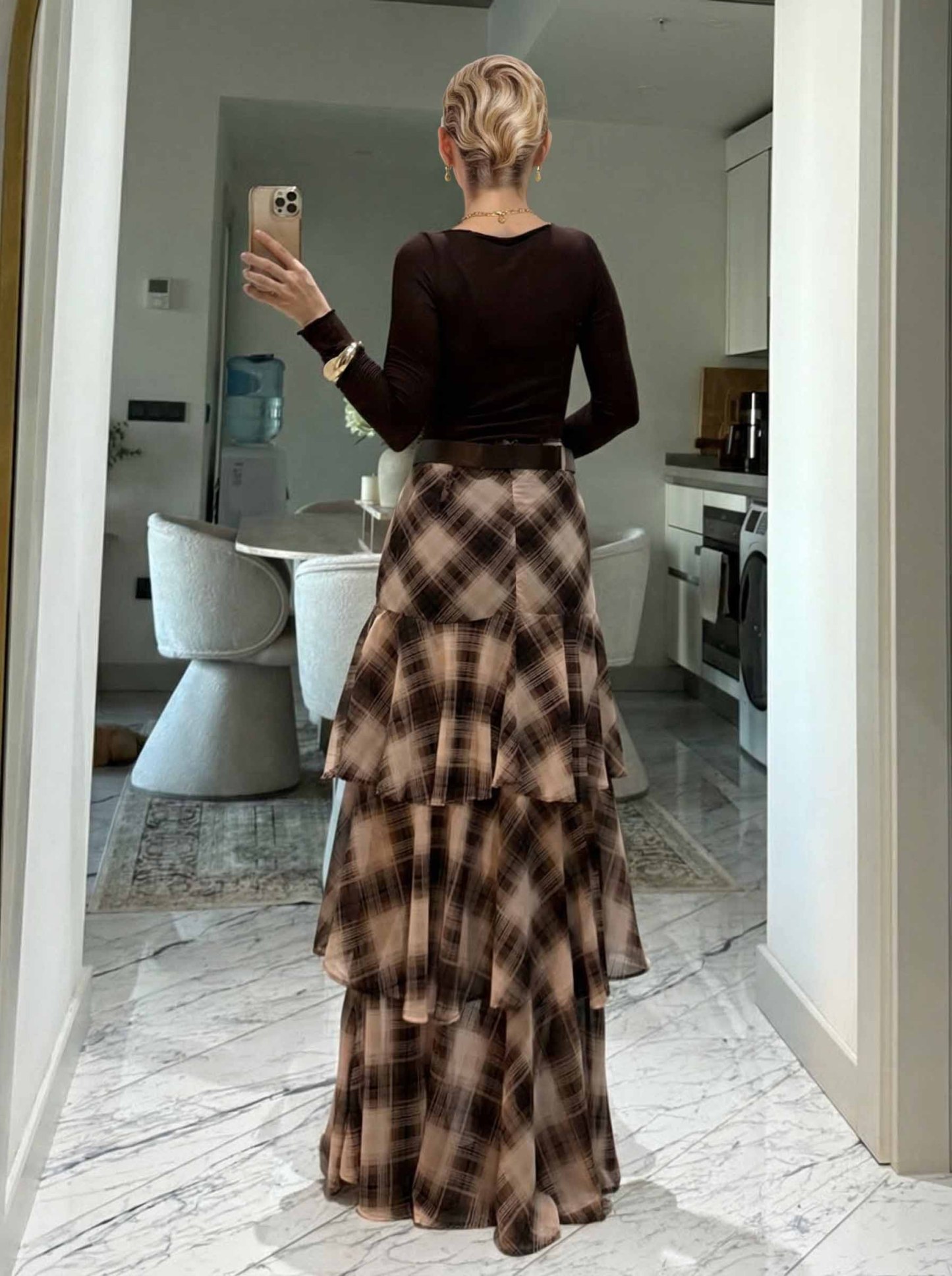 Retro Plaid Layered Ruffle Skirt Two-piece Set