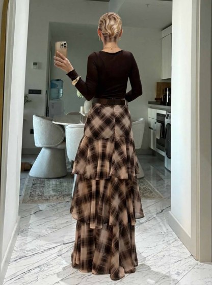 Retro Plaid Layered Ruffle Skirt Two-piece Set