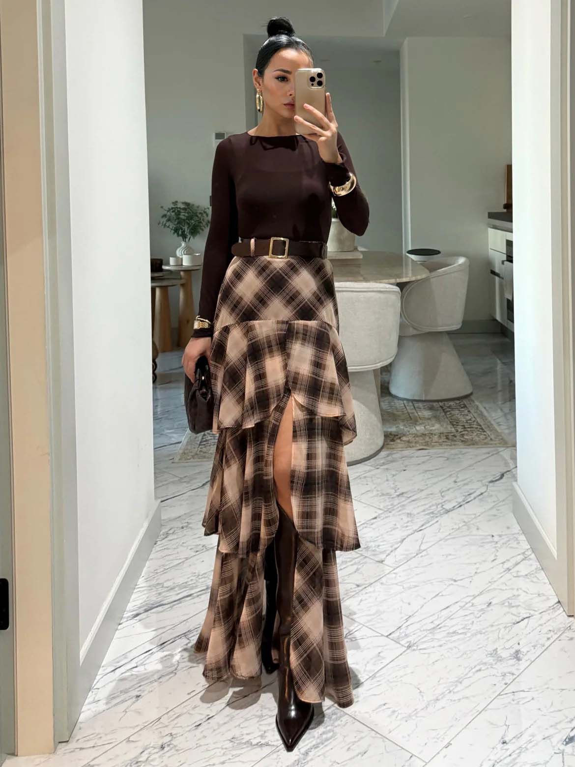 Retro Plaid Layered Ruffle Skirt Two-piece Set