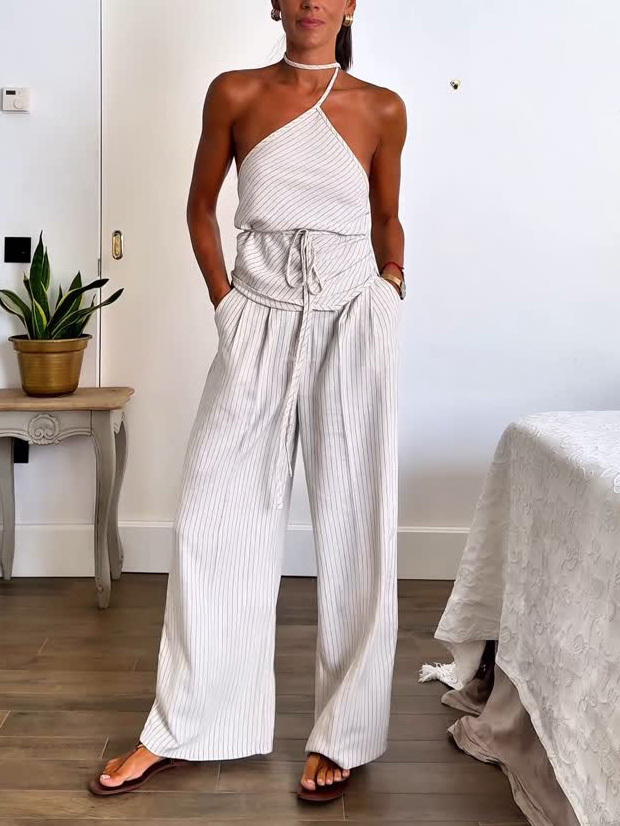 Casual Striped Print Lace-up Vest Wide-leg Pants Two-piece Set