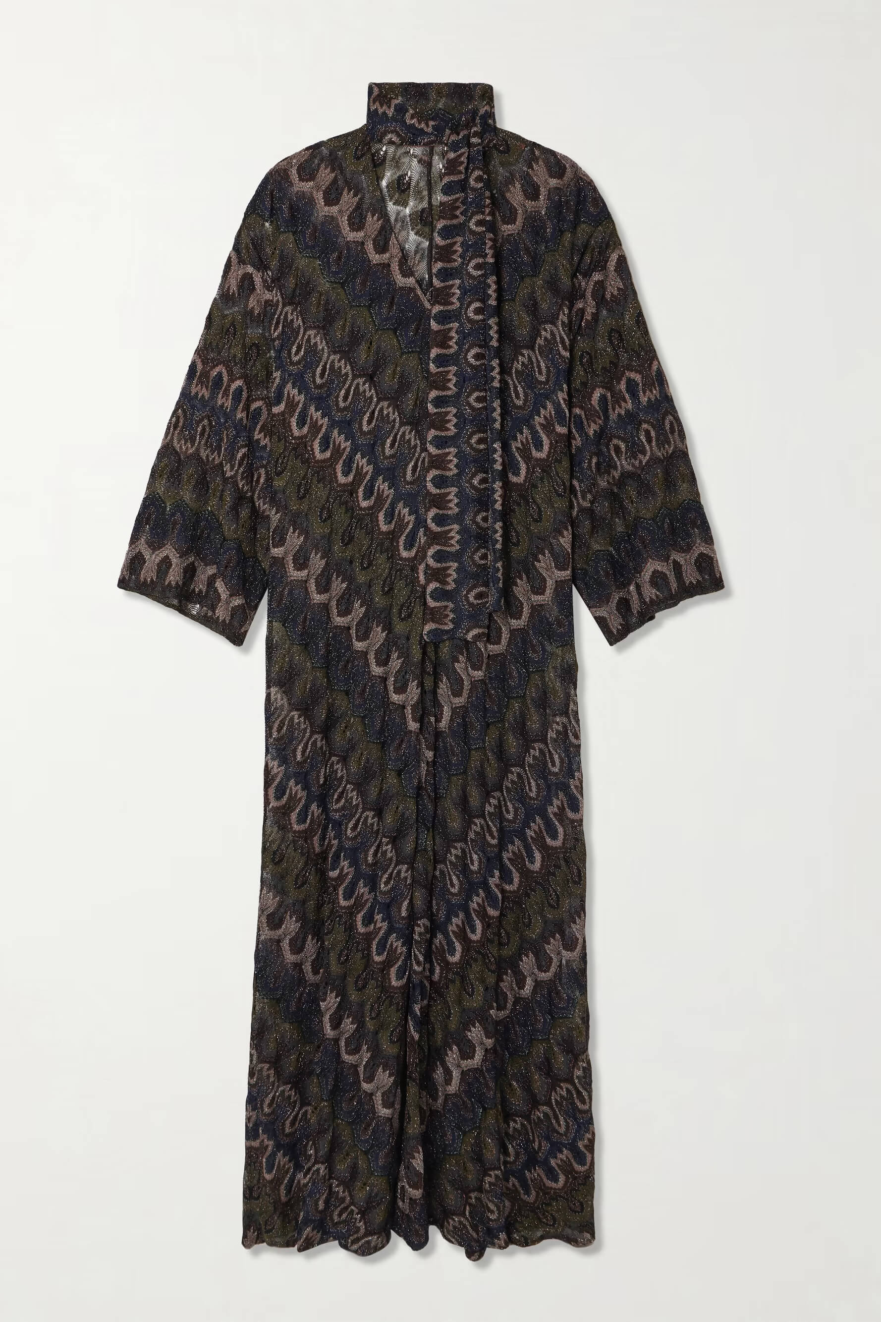 Boho Tie-Detail Striped Metallic Crochet Maxi Dress