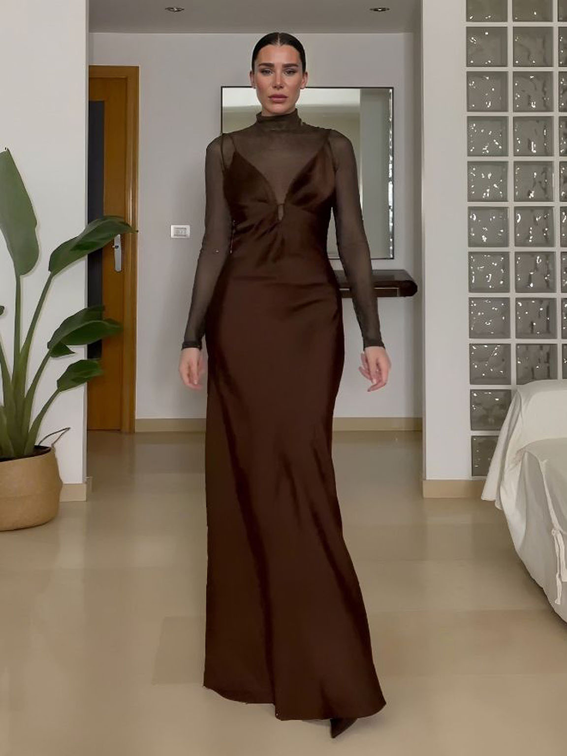 Elegant Sheer High-Neck Long-Sleeve Maxi Dress