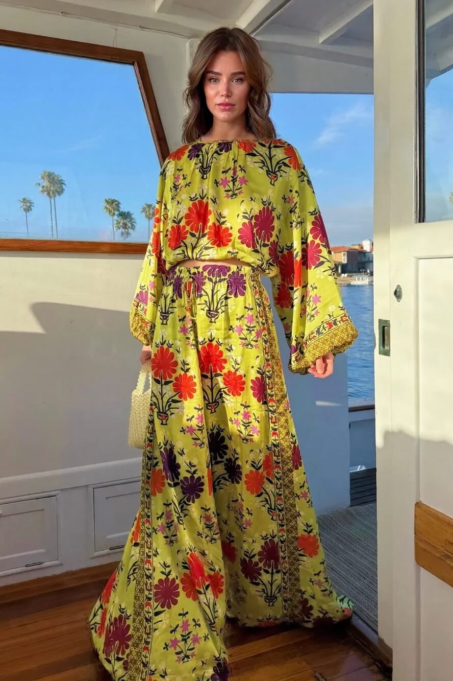 Unique Floral Print Elastic-Waist Wide-Leg Pants