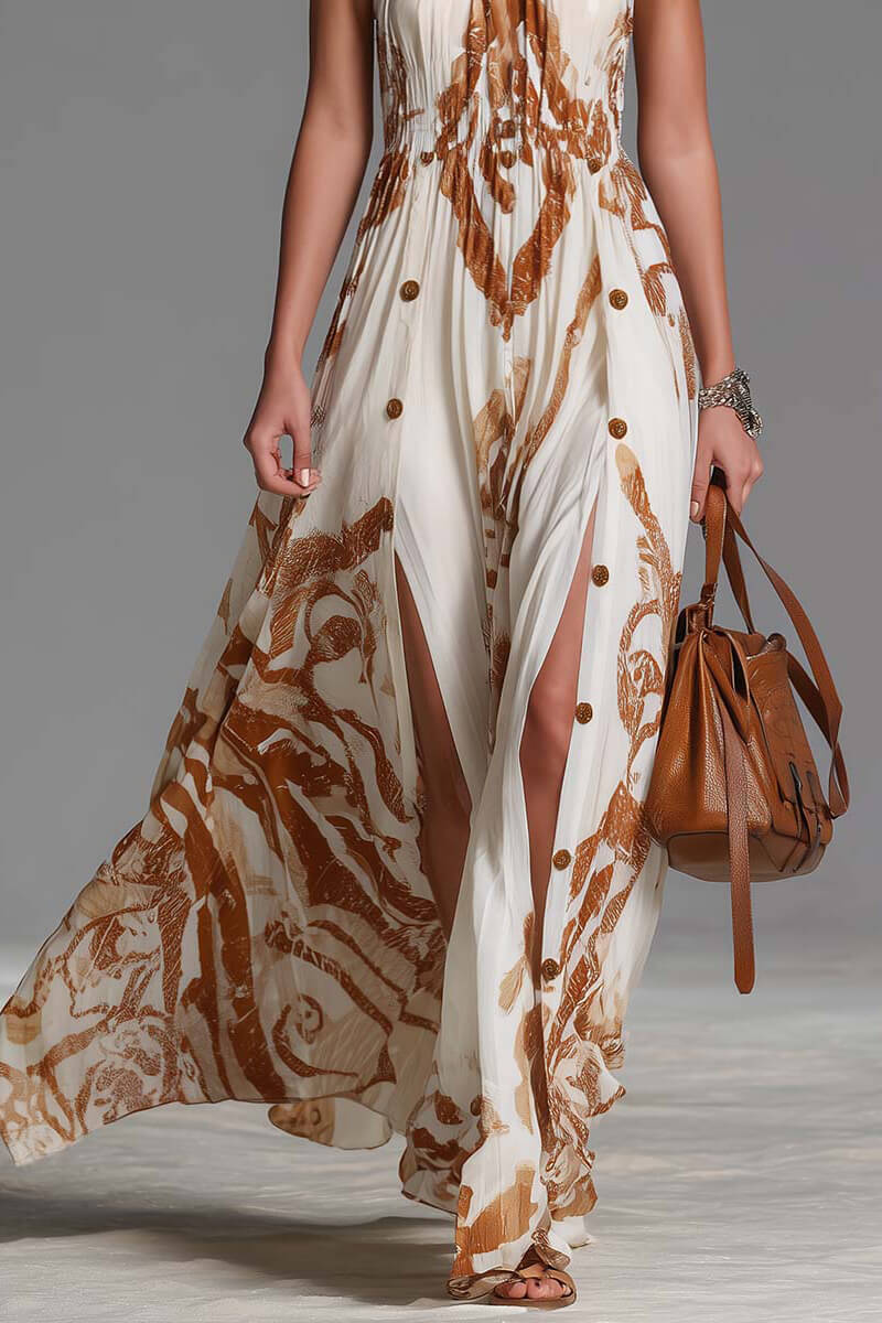 Retro Bohemian Style Backless Printed Chiffon Slit Maxi Dress