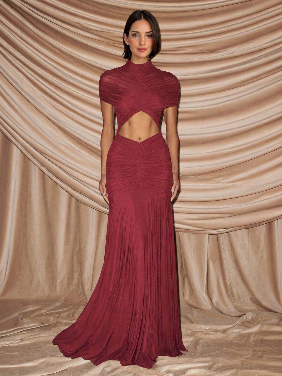 Mesh Pleated Short-sleeved Cutout Maxi Dress