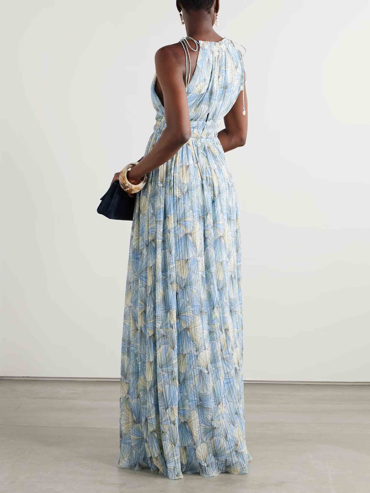 Elegant Painted Floral Print Chiffon Pleated Maxi Dress