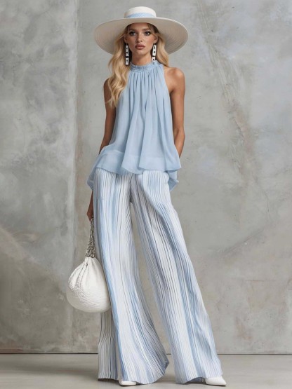 Elegant Sleeveless Top & Striped Wide-Leg Pants Set