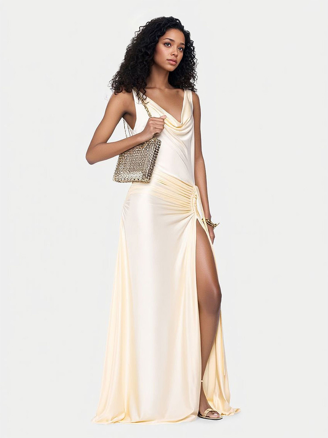 Elegant Draped Neck Satin Maxi Dress