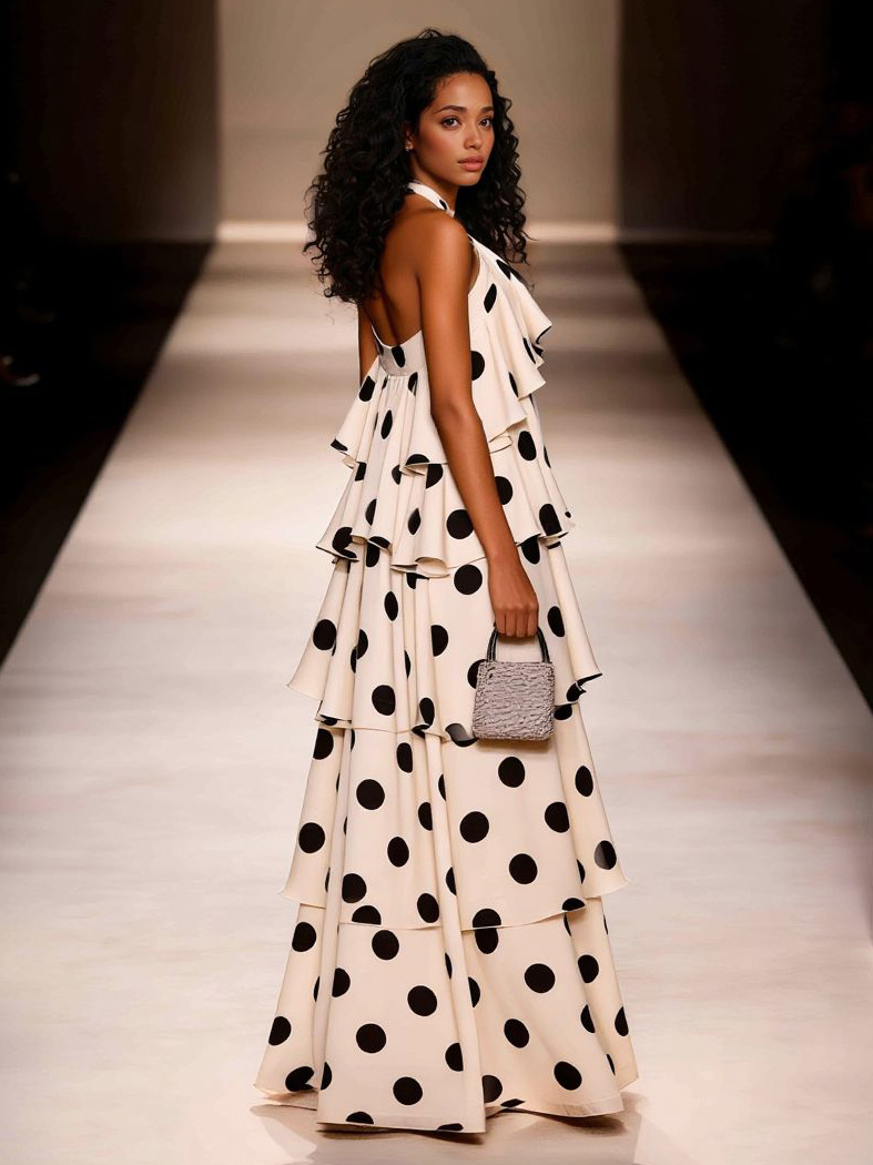 Elegant Halter Neck Polka Dot Tiered Maxi Dress