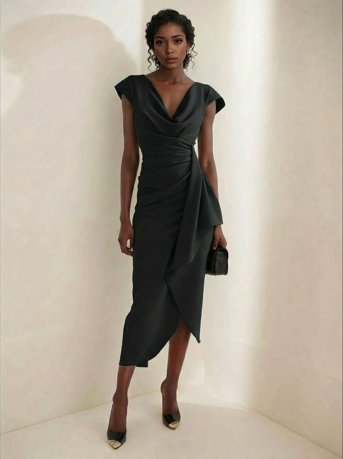 Elegant Draped Neckline Fitted Midi Dress