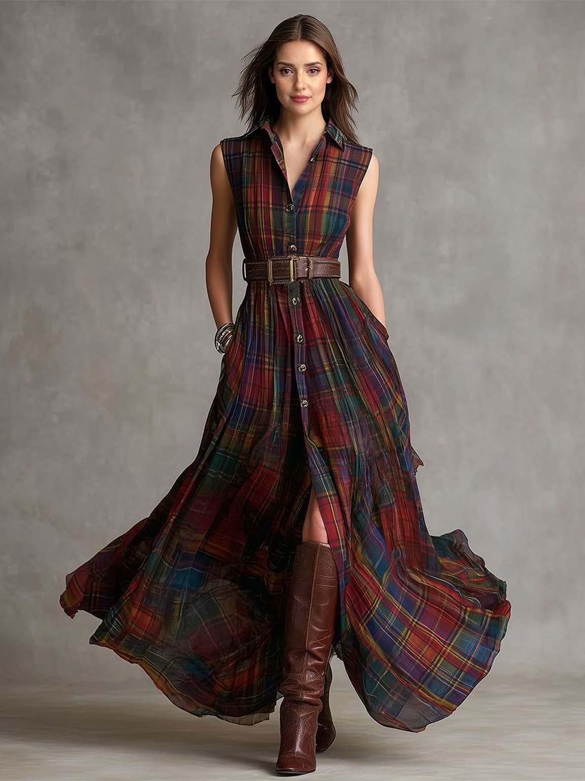 Casual Colorful Plaid Sleeveless Maxi Dress