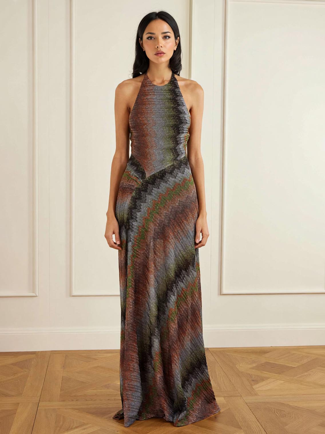 Retro Casual Halter Neck Irregular Striped Maxi Dress