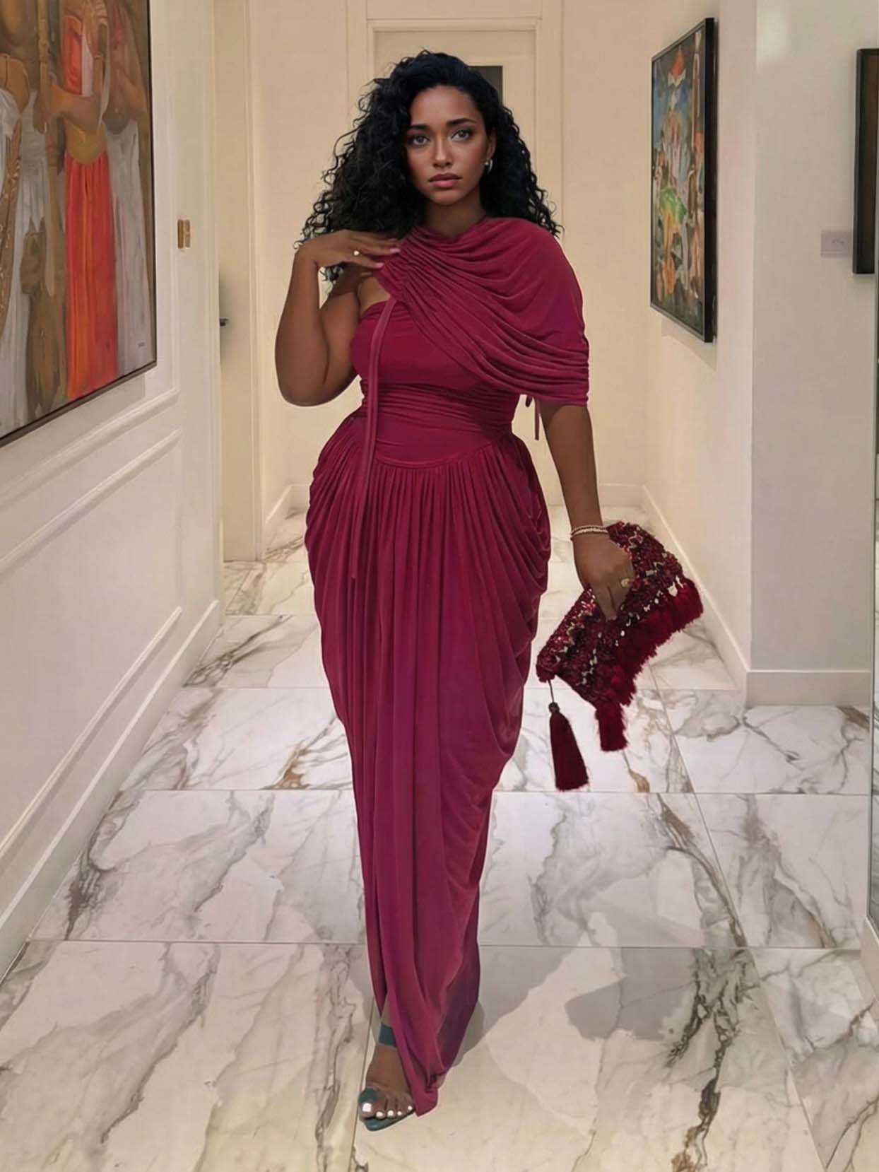 Modern Grecian-Style Fuchsia Draped Maxi Dress