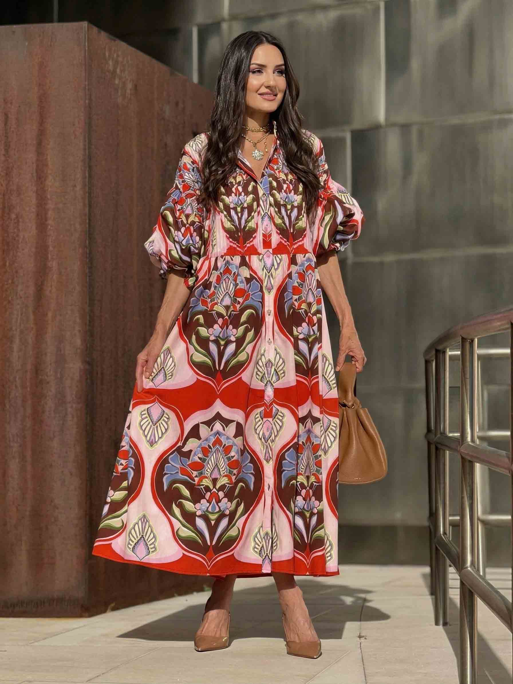 Exquisite Bohemian Print Shirt-Style Midi Dress