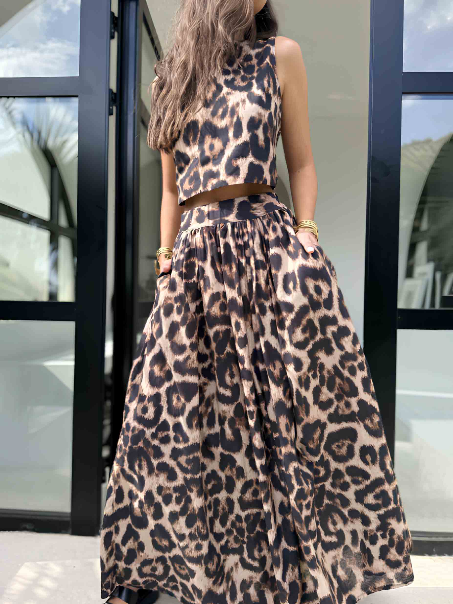 Bohemian Leopard Print Sleeveless Top & Flowy Maxi Skirt Set