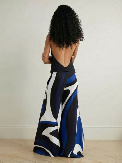 Elegant Blue Stripe Print Halter Neck Jumpsuit