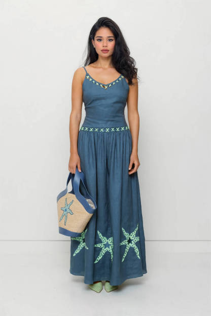 Casual Resort-Style Starfish Print Spaghetti Strap Maxi Dress