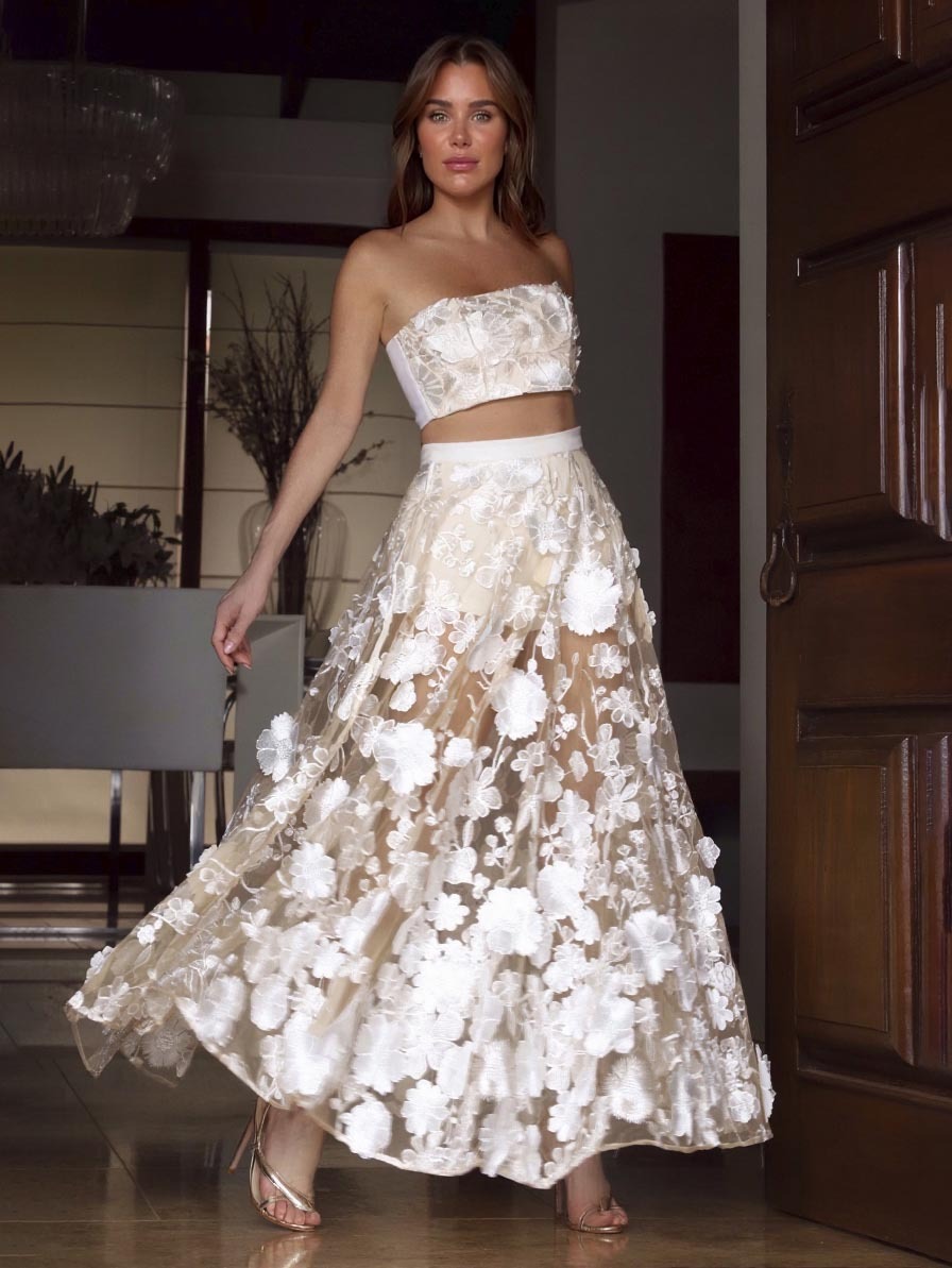 Elegant Strapless Floral Lace Crop Top & Maxi Skirt Two-Piece Set