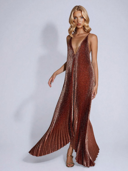 Elegant Pleated Deep V-neck Sleeveless Maxi Dress