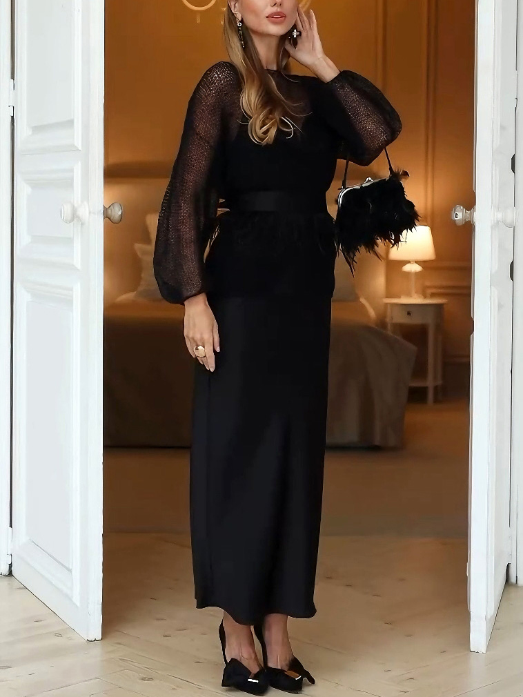 Elegant Openwork Knit Top And Satin Dress Two-piece Set