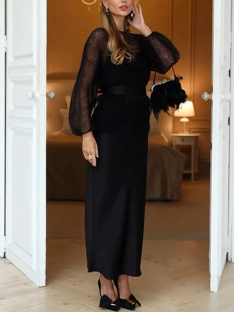 Elegant Openwork Knit Top And Satin Dress Two-piece Set