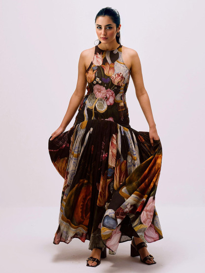 Exquisite Botanical Print Sleeveless Pleated Maxi Dress