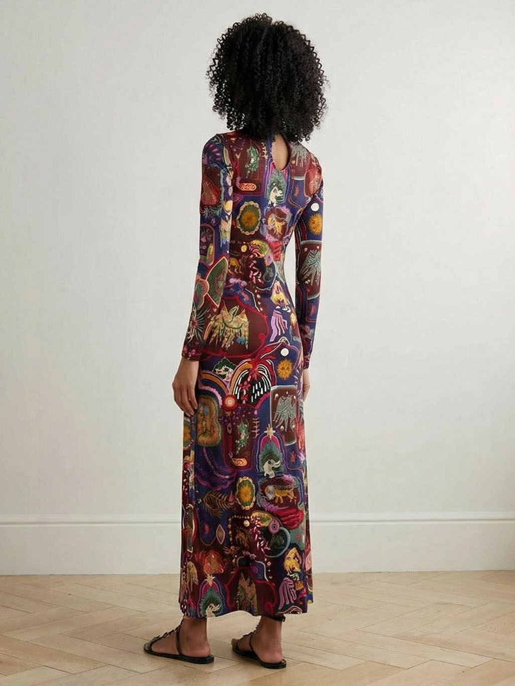 Retro Graphic Print Long-Sleeve Maxi Dress