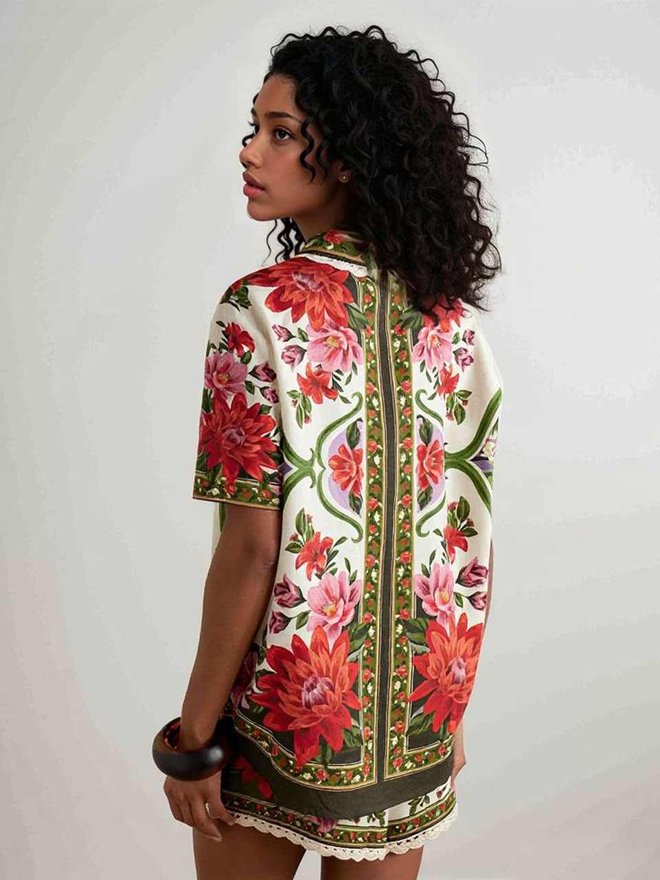 Retro Floral Print Shirt & Shorts Two-Piece Set