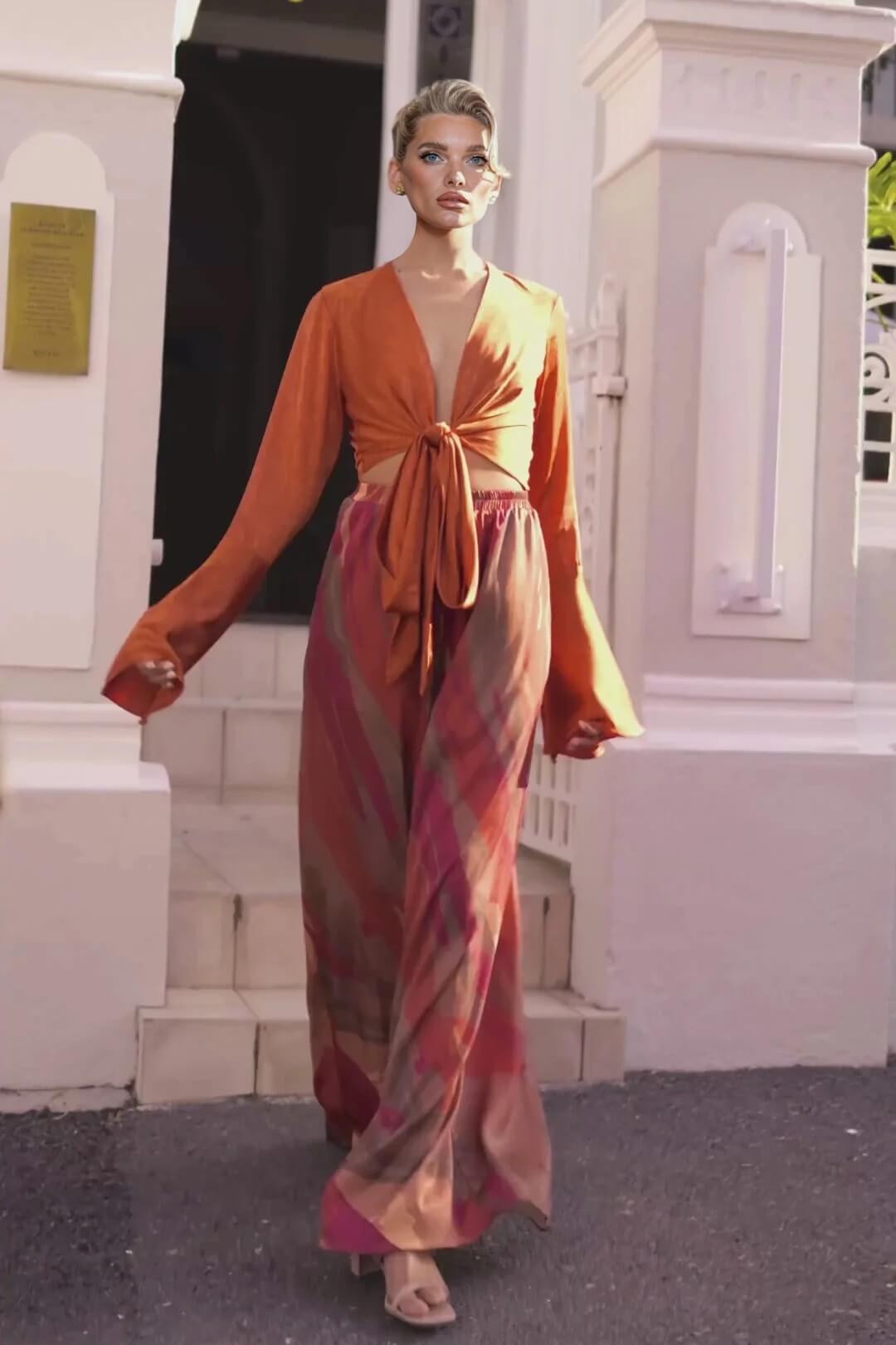 Casual Bell-Sleeve Wrap-Up Tie-Down Top