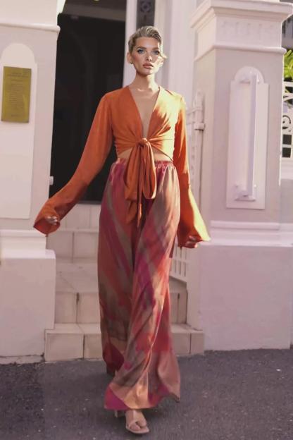 Casual Bell-Sleeve Wrap-Up Tie-Down Top