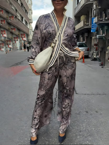 Unique Floral Print Ribbon Spliced V-Neck loose Blouse