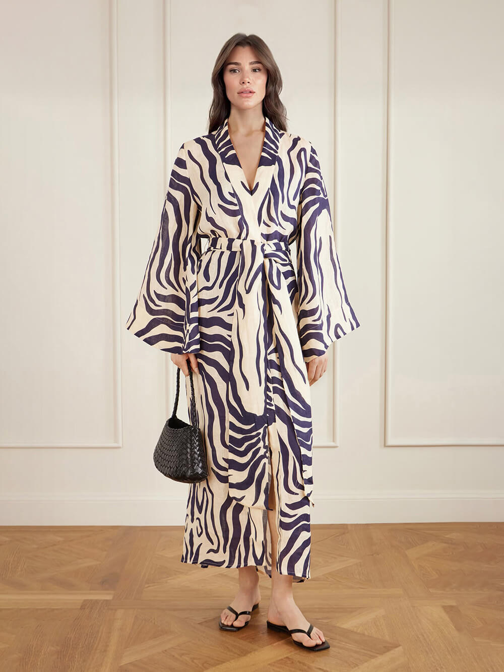 Casual Vacation Tie-Waist Zebra Print Linen Kimono Dress