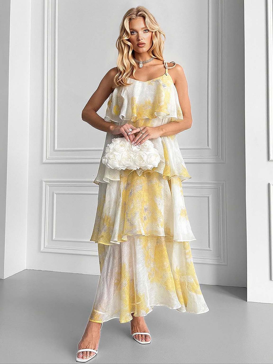 Elegant Multi-layered Ruffle Print Maxi Dress