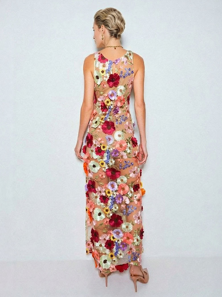 Elegant Floral Embroidered Mesh Sleeveless Maxi Dress