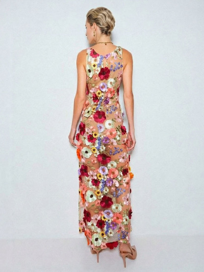 Elegant Floral Embroidered Mesh Sleeveless Maxi Dress