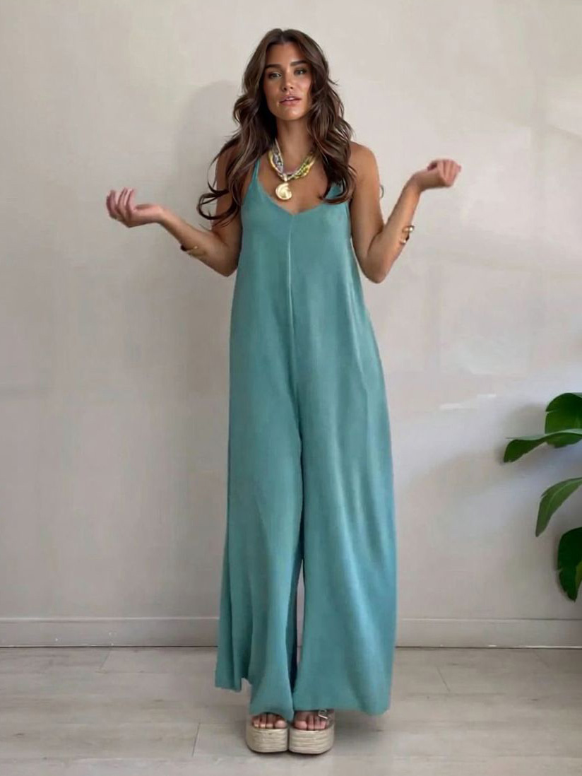 Resort Metallic Detail Strappy Wide-Leg Jumpsuit